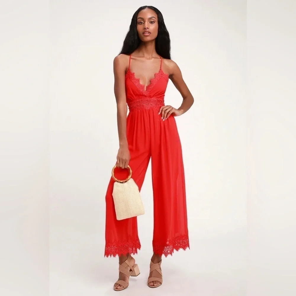 Lulus Sunny Day Dream Red Lace Culotte Jumpsuit Sz. Small - Picture 3 of 12